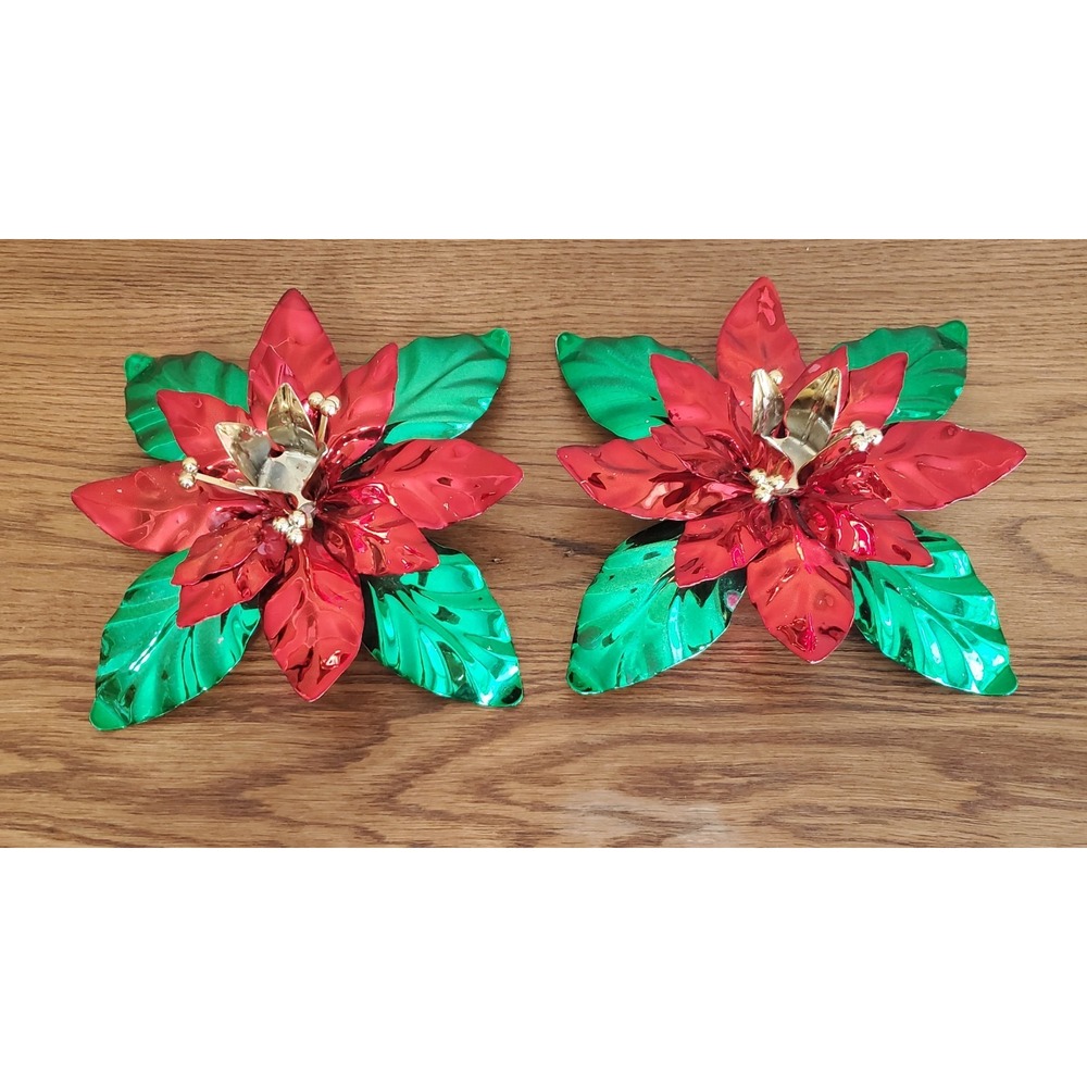 Vintage Department 56 Metal Poinsettia Taper Candle Holders Set of 2 Christmas